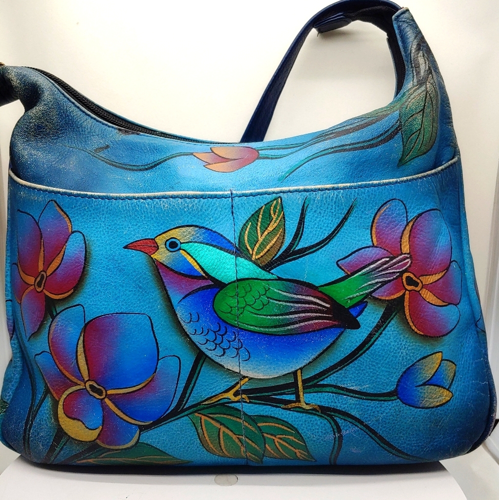 Anuschka Hand Painted Bird and Flower Shoulder Bag